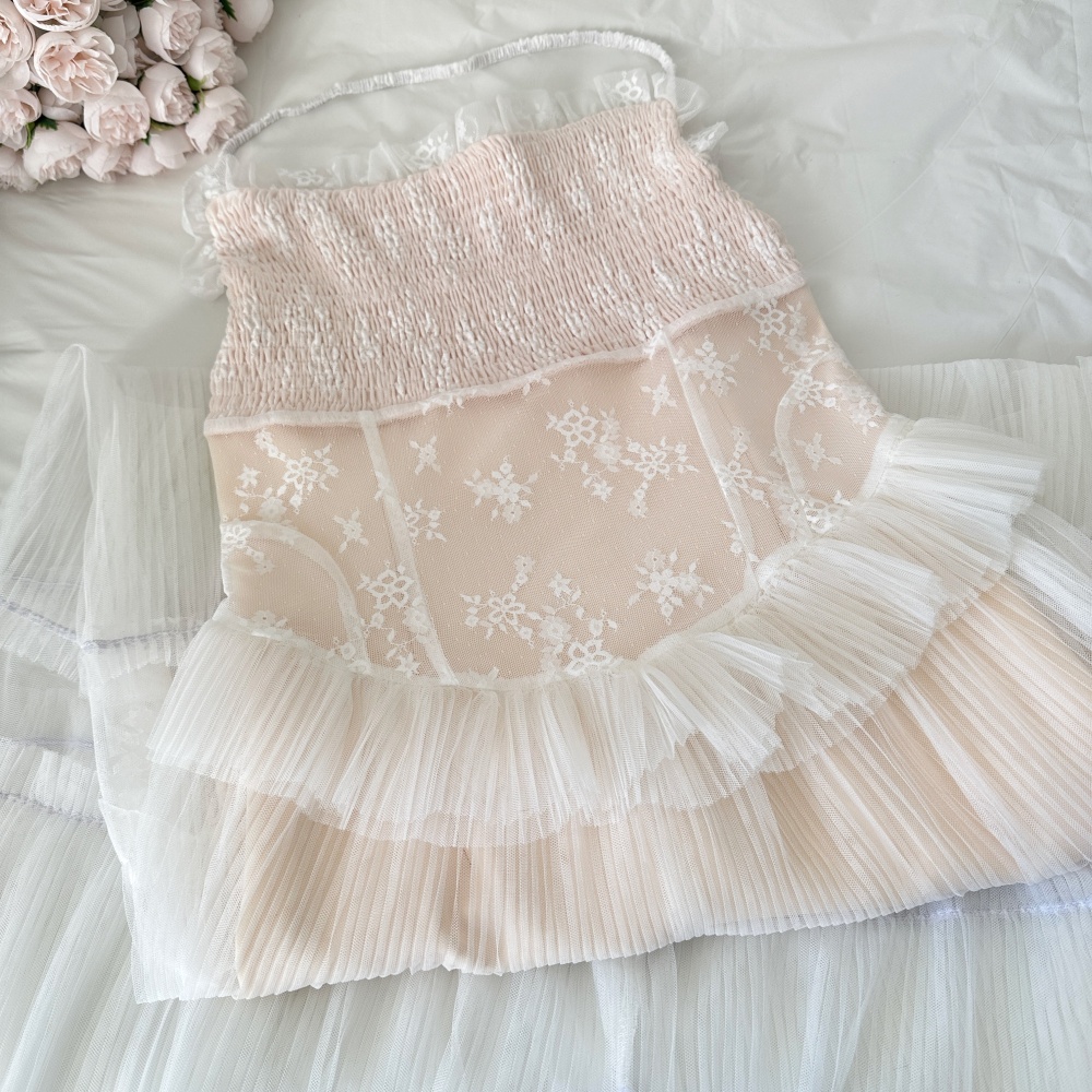 Printing halter splice jacquard long lace lady dress