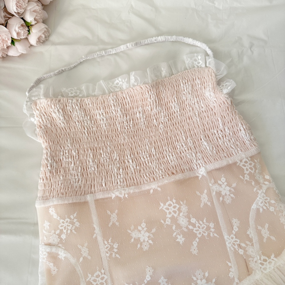 Printing halter splice jacquard long lace lady dress