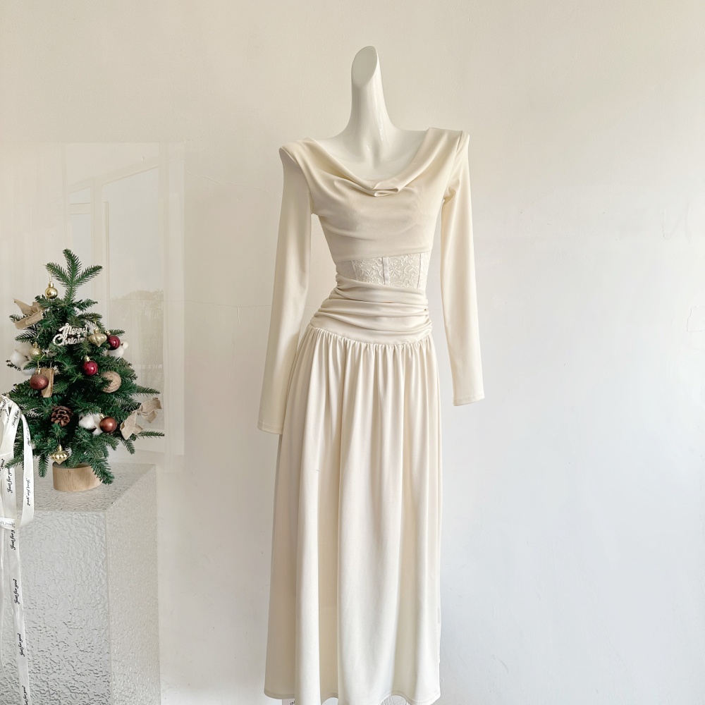 Knitted autumn and winter long dress pleated dress