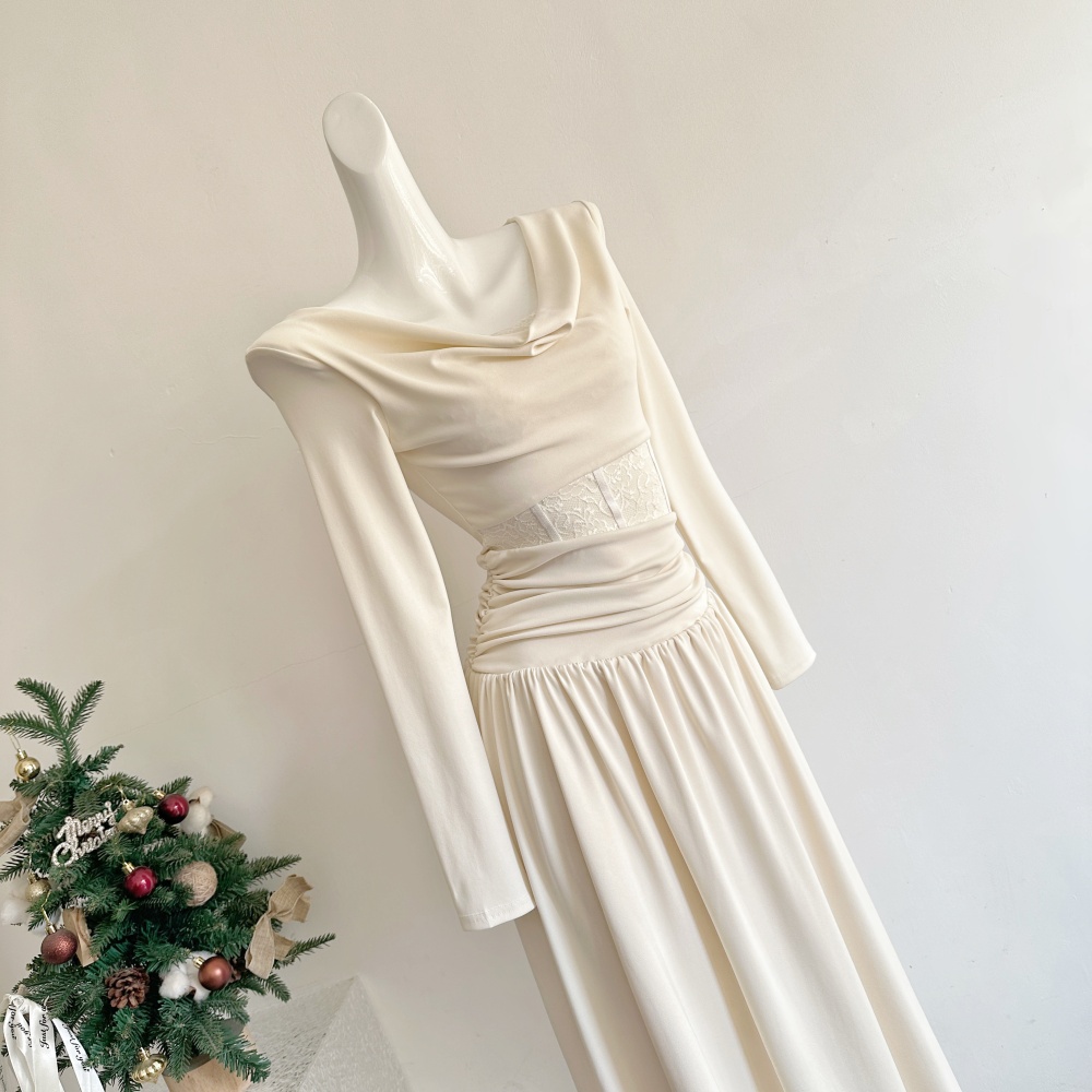 Knitted autumn and winter long dress pleated dress