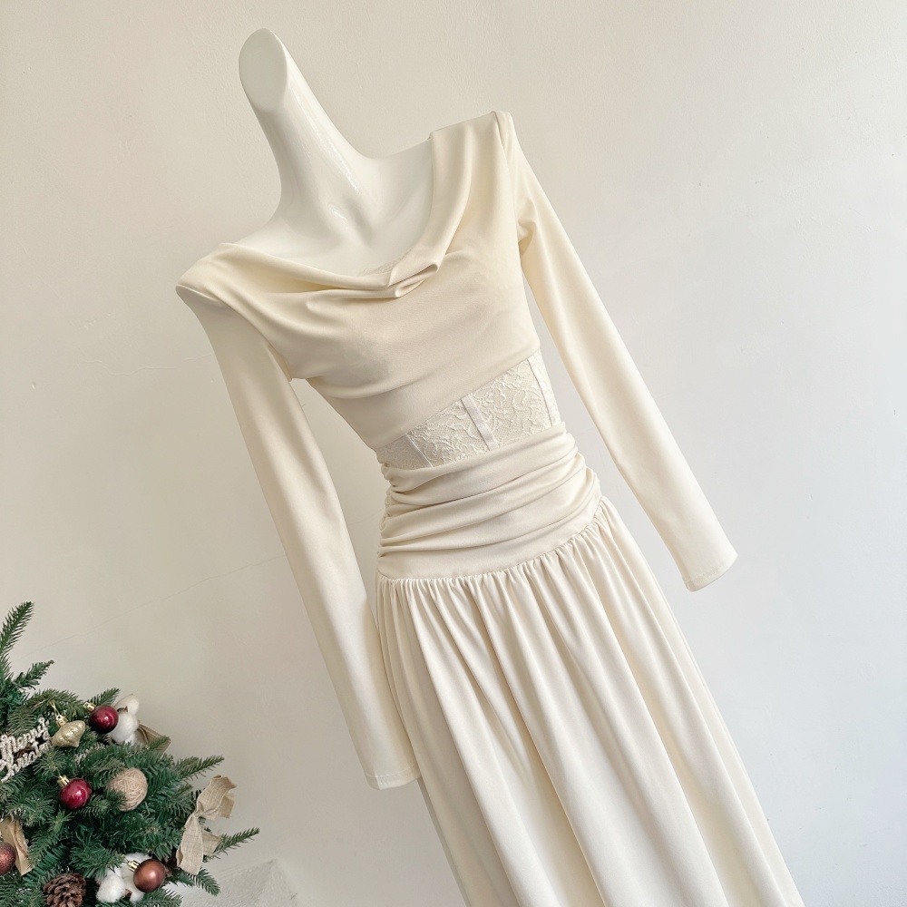Knitted autumn and winter long dress pleated dress