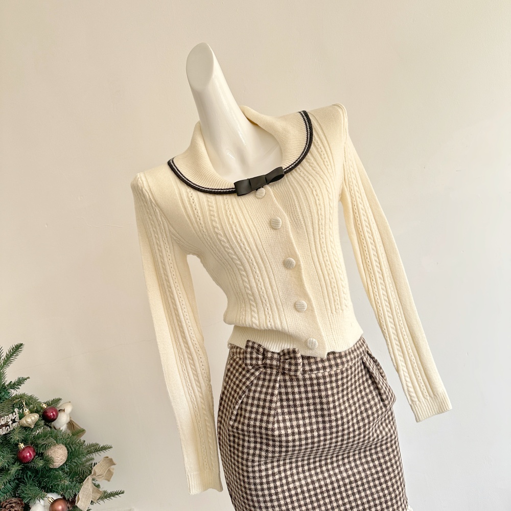 Large lapel navy style tops houndstooth pattern sweater a set