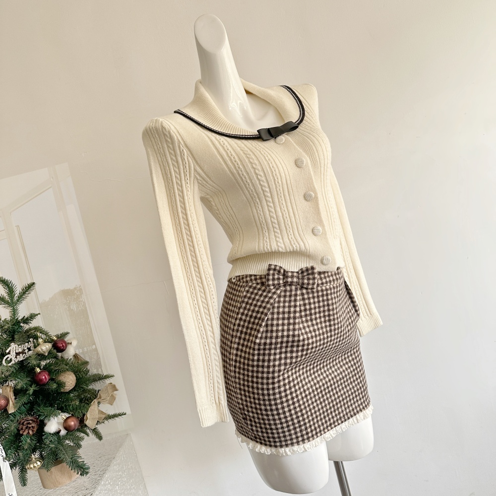 Large lapel navy style tops houndstooth pattern sweater a set