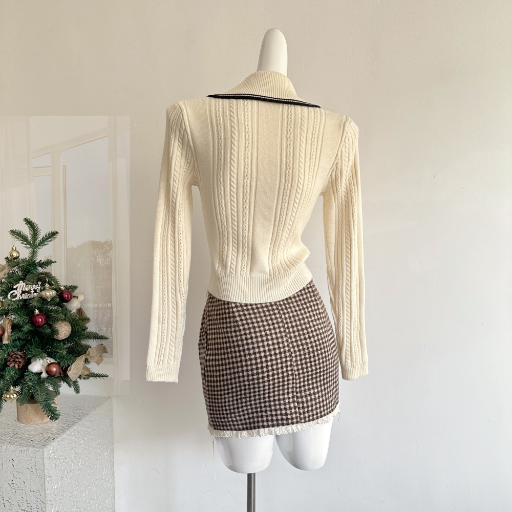 Large lapel navy style tops houndstooth pattern sweater a set