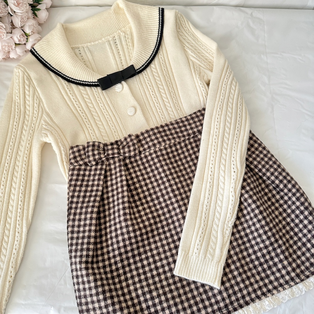 Large lapel navy style tops houndstooth pattern sweater a set