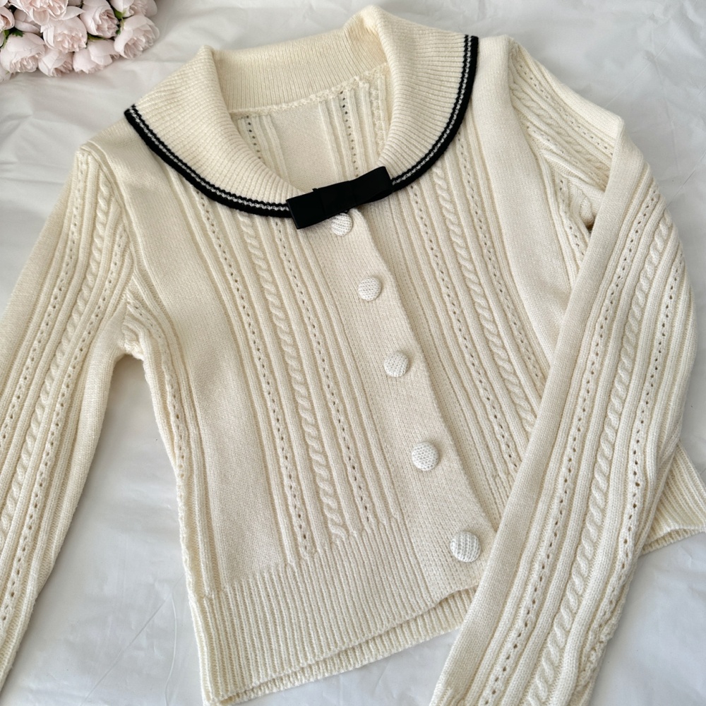 Large lapel navy style tops houndstooth pattern sweater a set