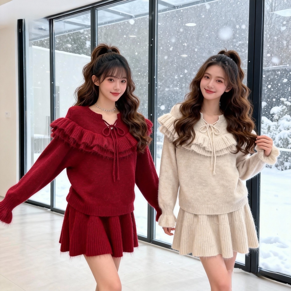 Show young sweater frenum short skirt 2pcs set for women