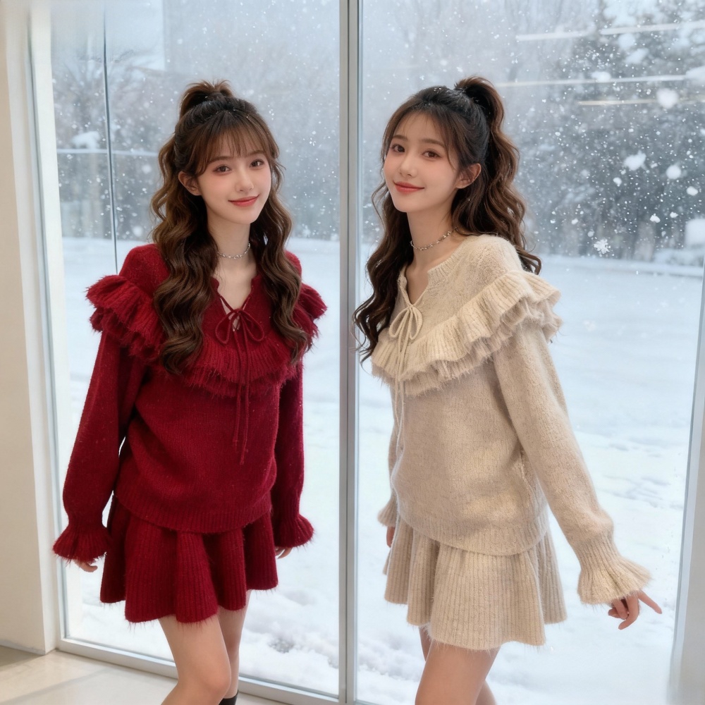 Show young sweater frenum short skirt 2pcs set for women