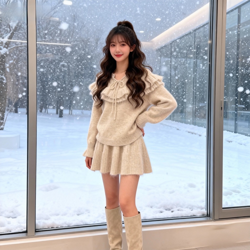 Show young sweater frenum short skirt 2pcs set for women