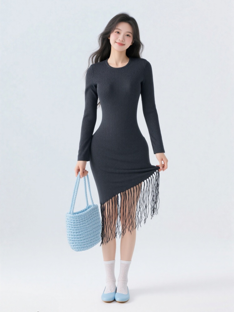 Pinched waist dress round neck long dress for women