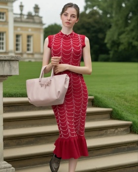 Round neck sleeveless dress knitted France style long dress