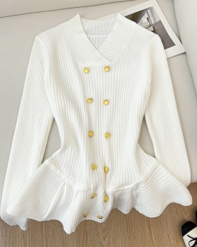 Lotus leaf edges long sleeve pinched waist knitted sweater