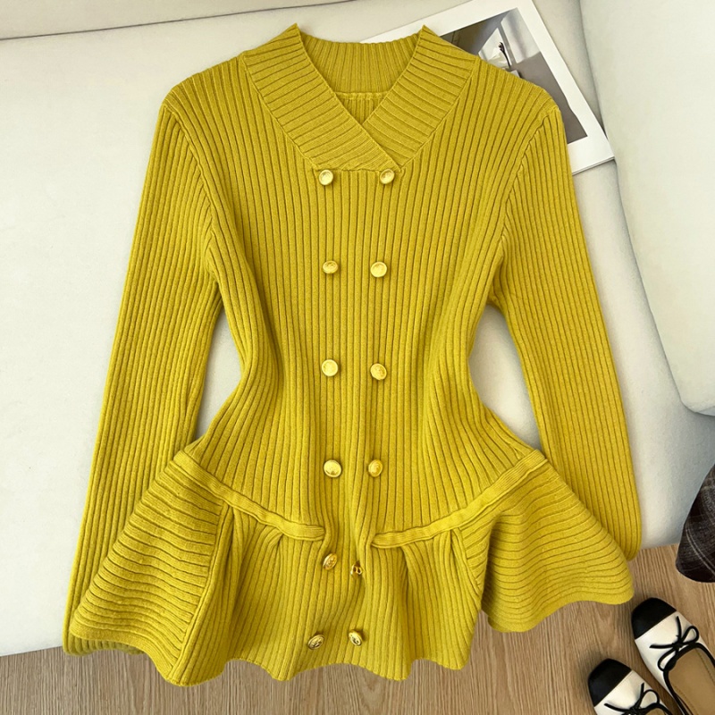 Lotus leaf edges long sleeve pinched waist knitted sweater