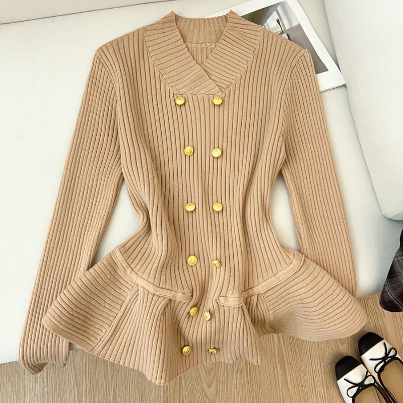 Lotus leaf edges long sleeve pinched waist knitted sweater