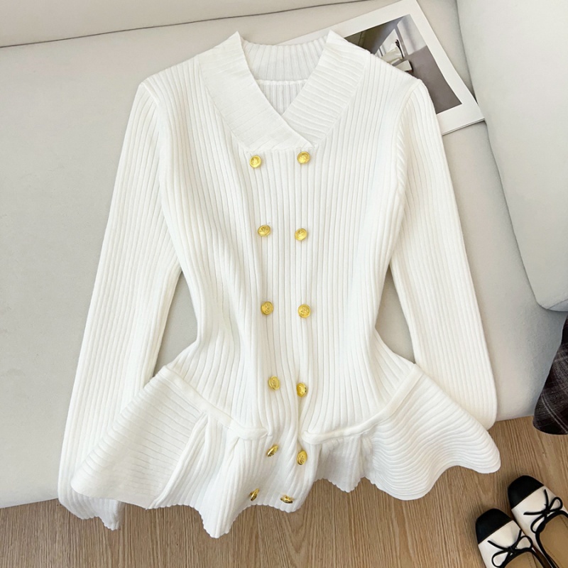 Lotus leaf edges long sleeve pinched waist knitted sweater