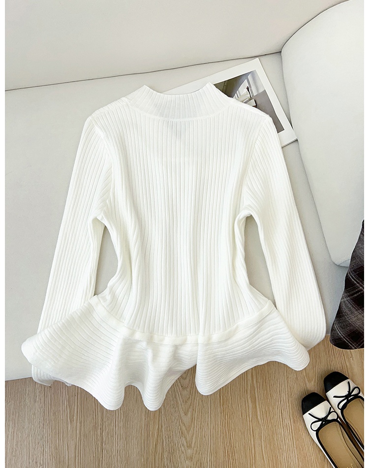 Lotus leaf edges long sleeve pinched waist knitted sweater
