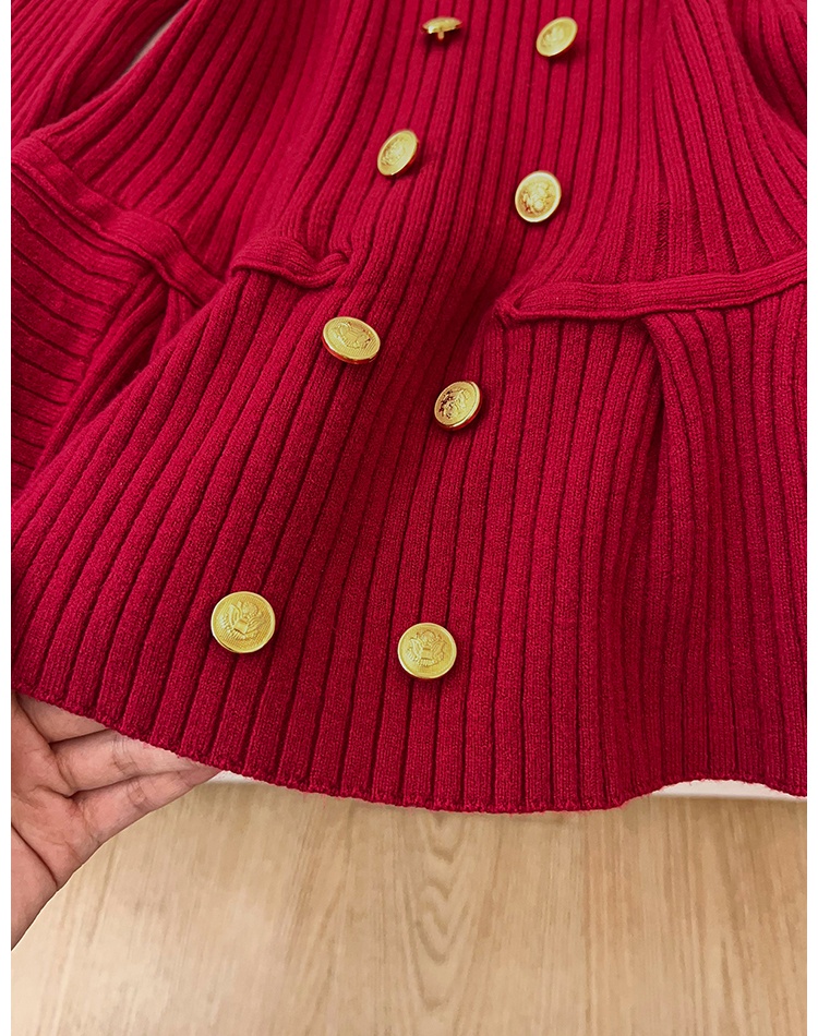 Lotus leaf edges long sleeve pinched waist knitted sweater