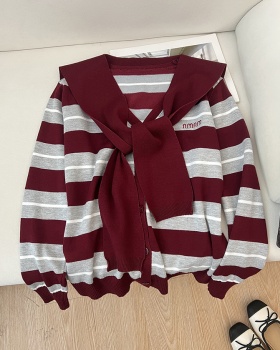 Stripe embroidery V-neck knitted sweater 2pcs set
