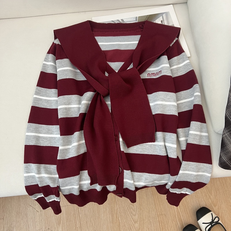Stripe embroidery V-neck knitted sweater 2pcs set