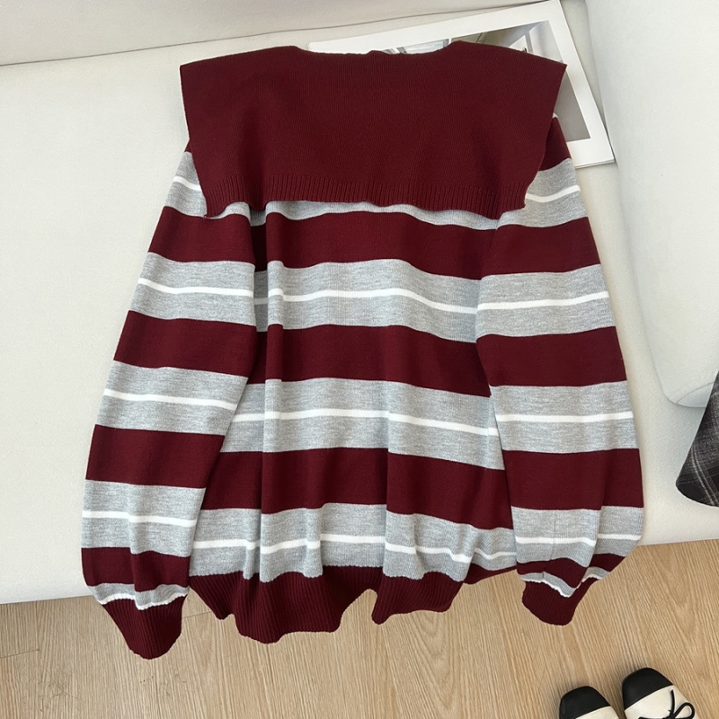 Stripe embroidery V-neck knitted sweater 2pcs set