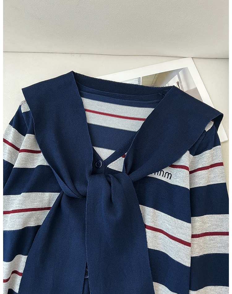 Stripe embroidery V-neck knitted sweater 2pcs set