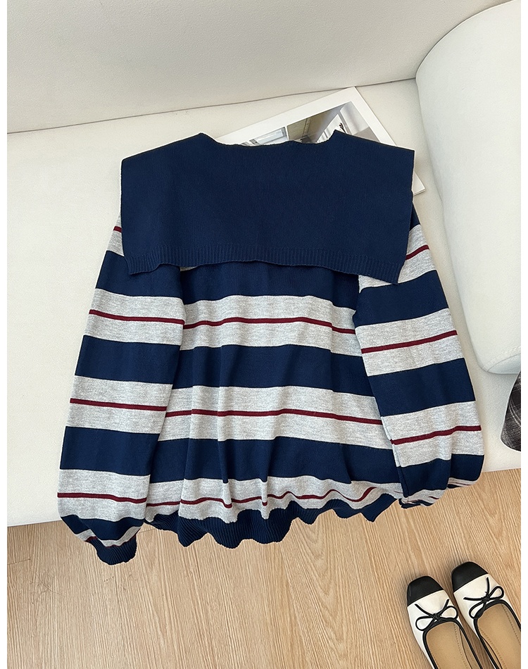 Stripe embroidery V-neck knitted sweater 2pcs set