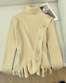 Knitted high collar sweater lotus leaf edges tops