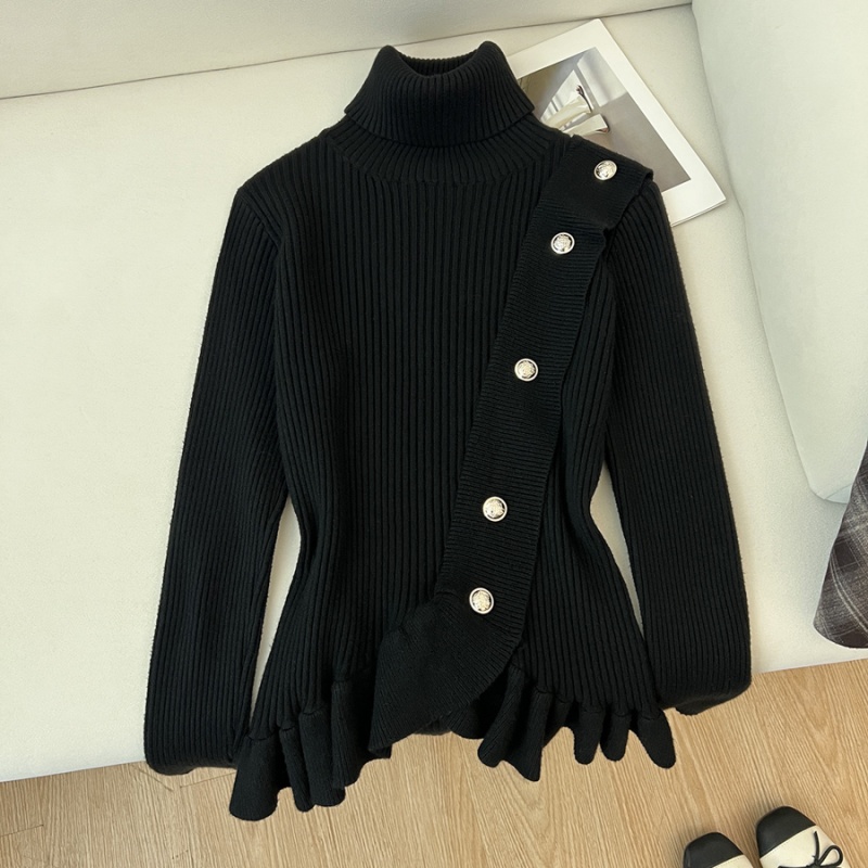 Knitted high collar sweater lotus leaf edges tops