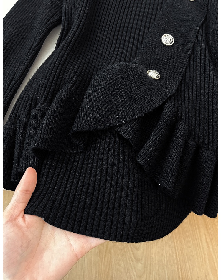 Knitted high collar sweater lotus leaf edges tops