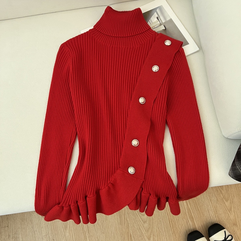 Knitted high collar sweater lotus leaf edges tops