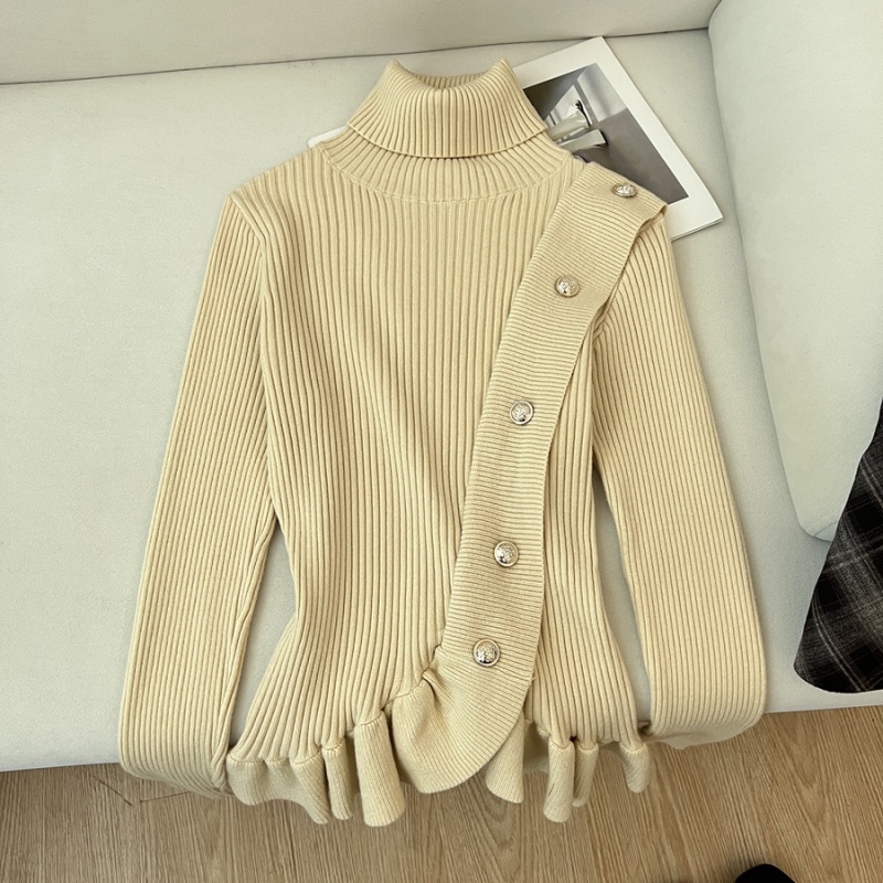 Knitted high collar sweater lotus leaf edges tops