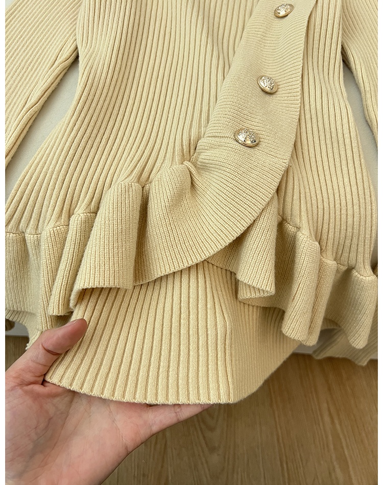 Knitted high collar sweater lotus leaf edges tops