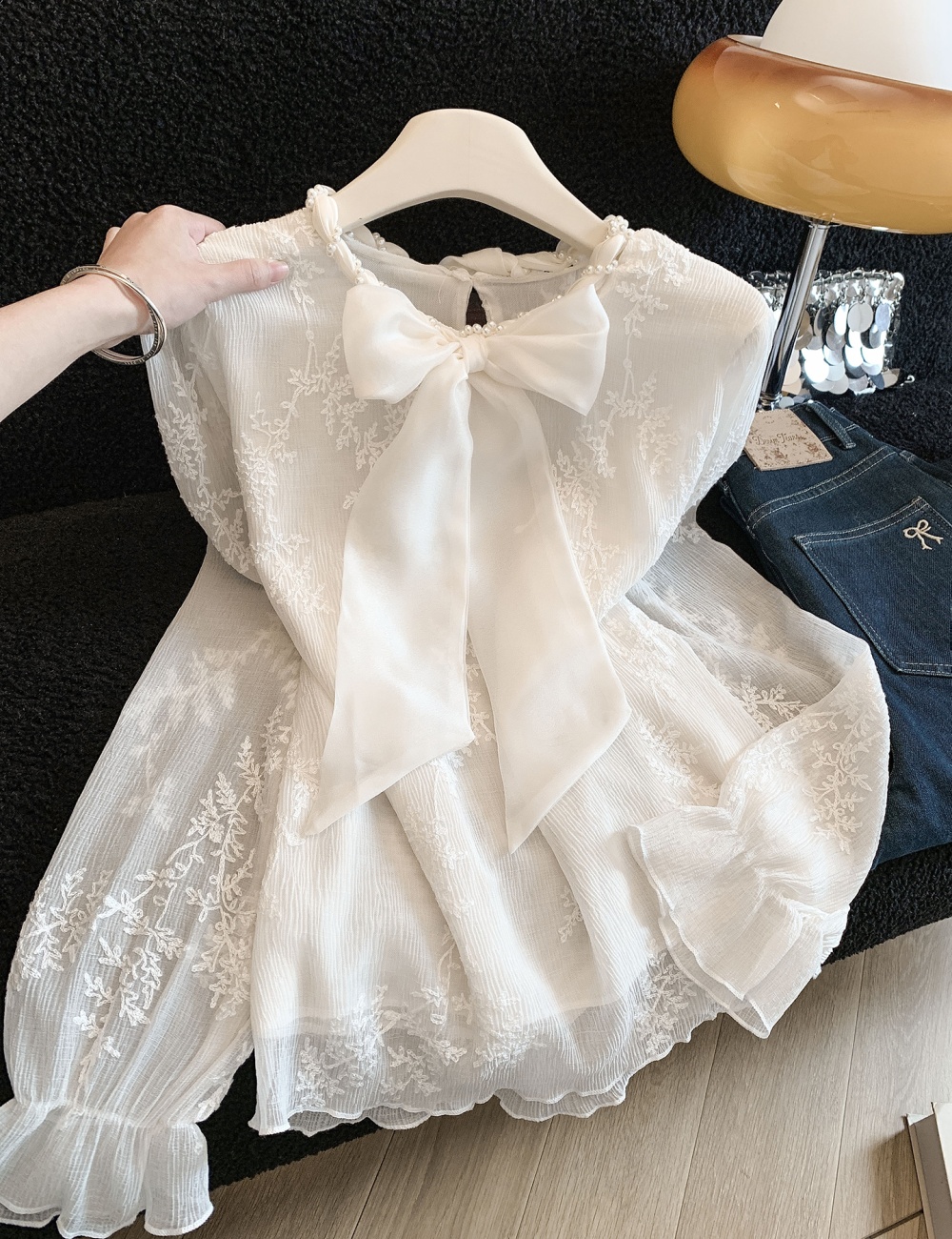 Bow spring shirts all-match beautiful tops for women