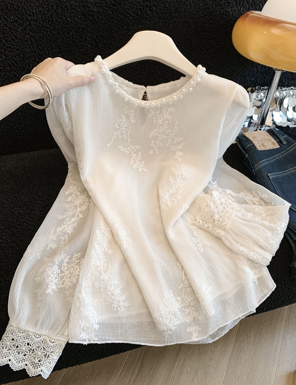 Trumpet sleeves tops all-match chiffon shirt for women