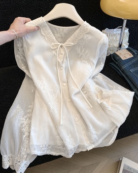 Wood ear long sleeve shirt lace tops for women