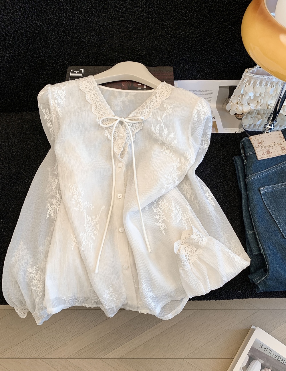 Wood ear long sleeve shirt lace tops for women