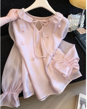 Spring cstand collar shirt pink beading tops for women