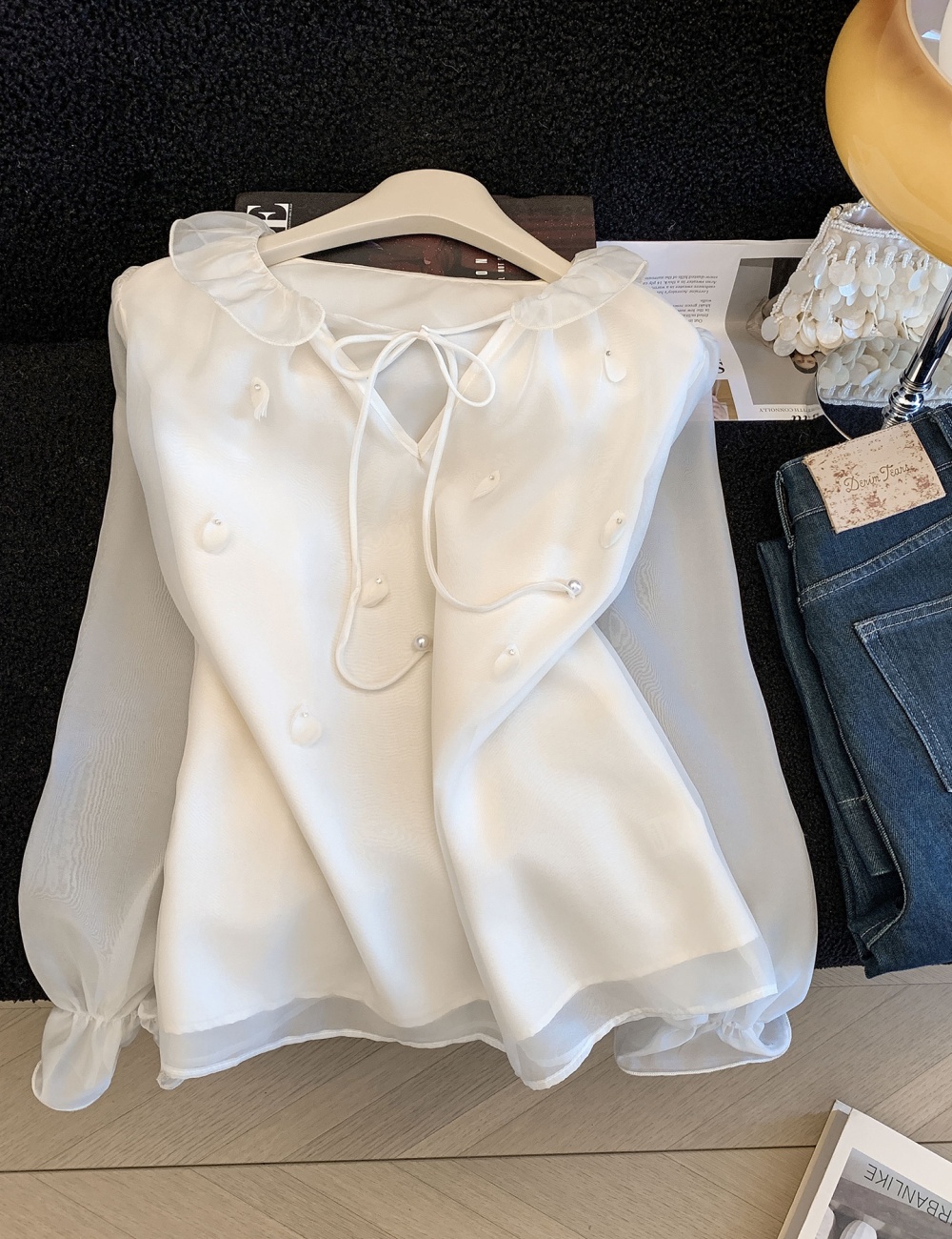 Spring cstand collar shirt pink beading tops for women