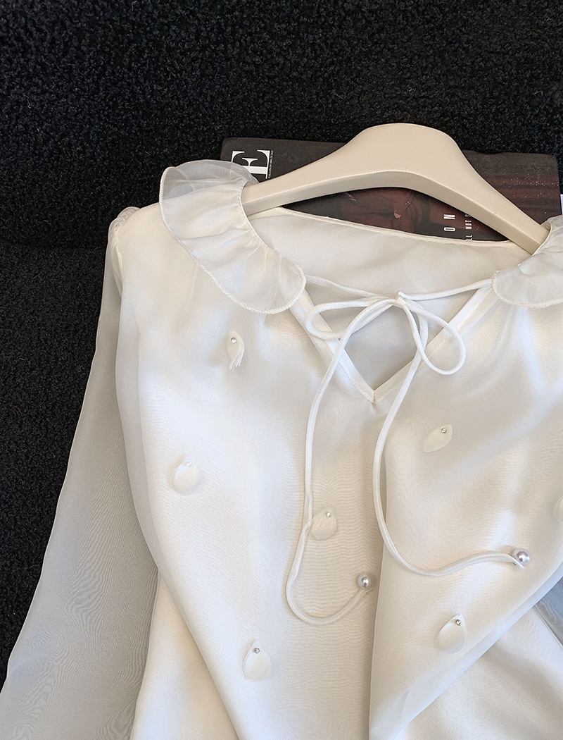 Spring cstand collar shirt pink beading tops for women