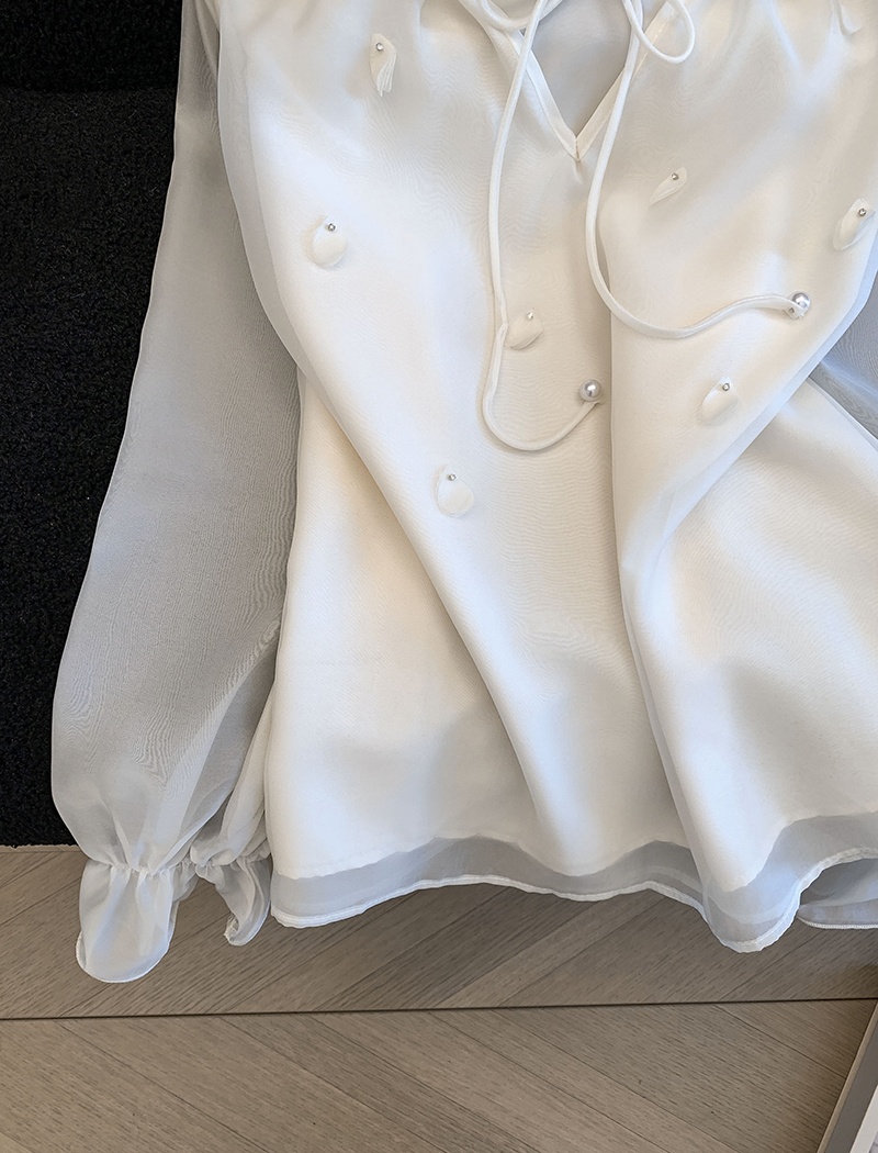 Spring cstand collar shirt pink beading tops for women