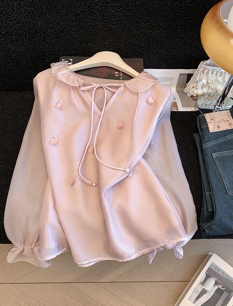 Spring cstand collar shirt pink beading tops for women