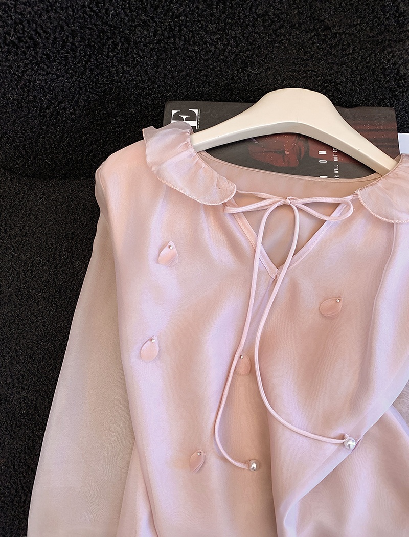 Spring cstand collar shirt pink beading tops for women