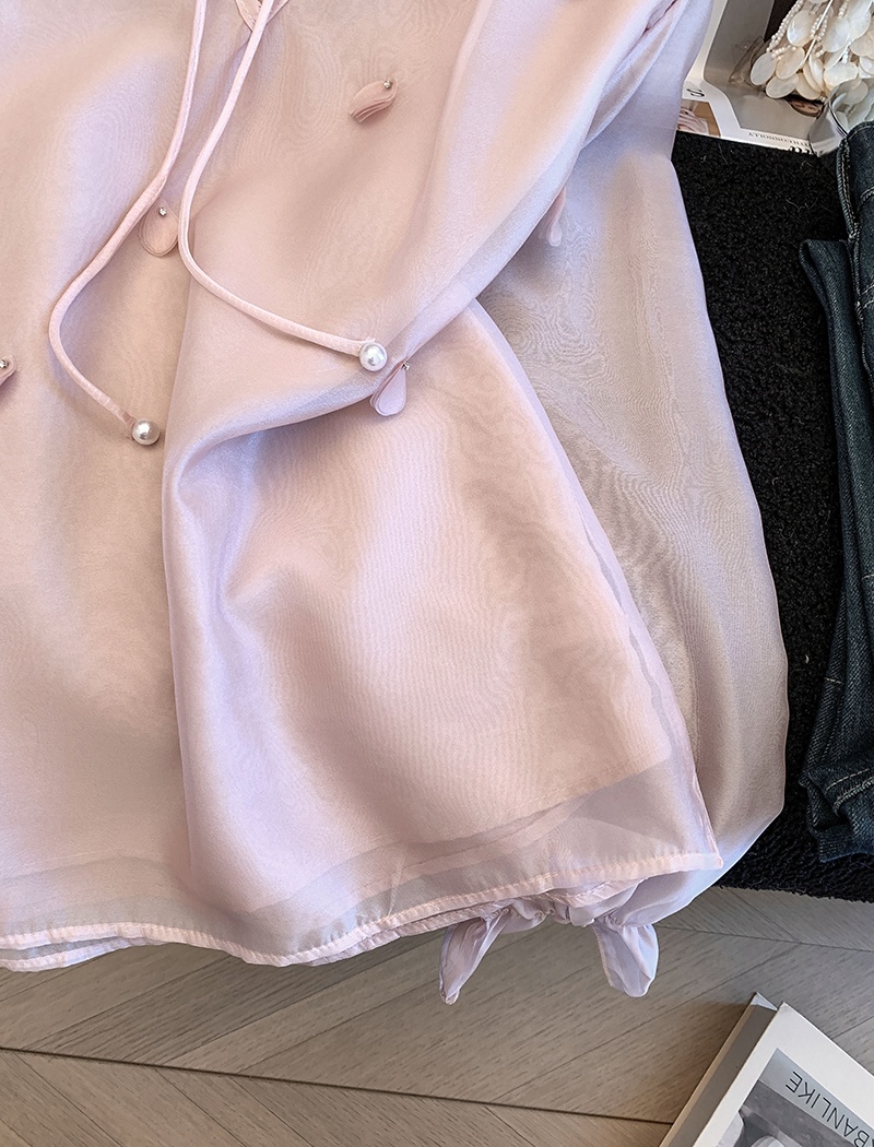 Spring cstand collar shirt pink beading tops for women