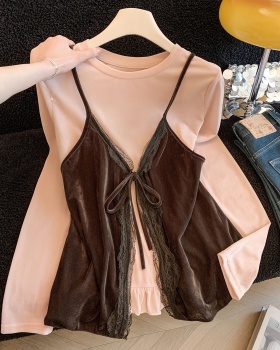 Sling velvet vest spring lace tops 2pcs set