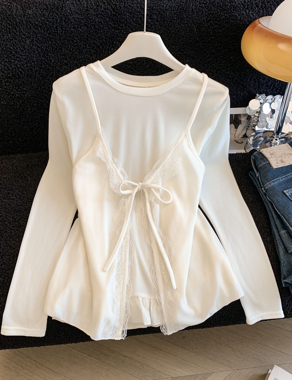 Sling velvet vest spring lace tops 2pcs set