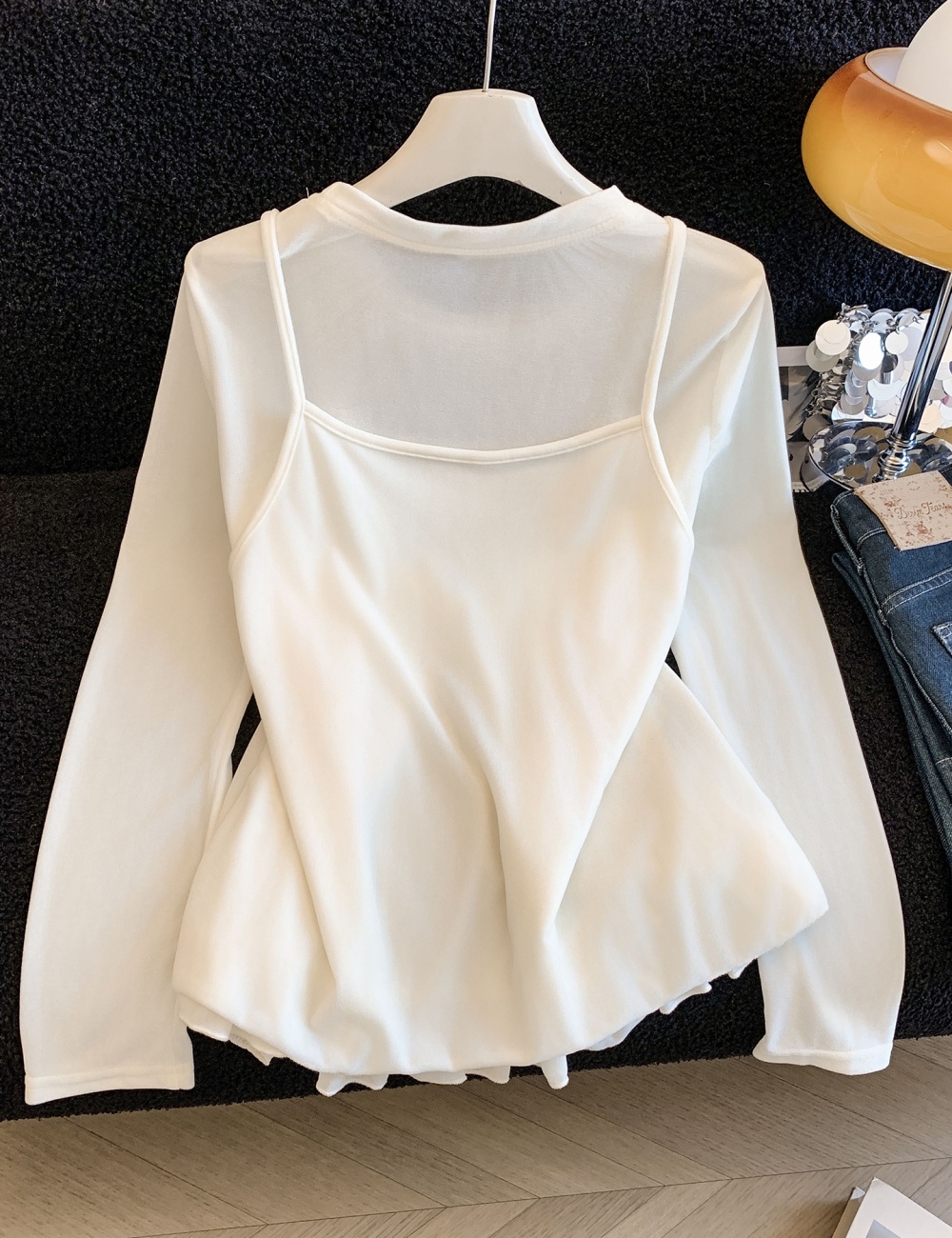 Sling velvet vest spring lace tops 2pcs set