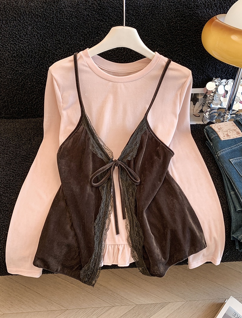 Sling velvet vest spring lace tops 2pcs set