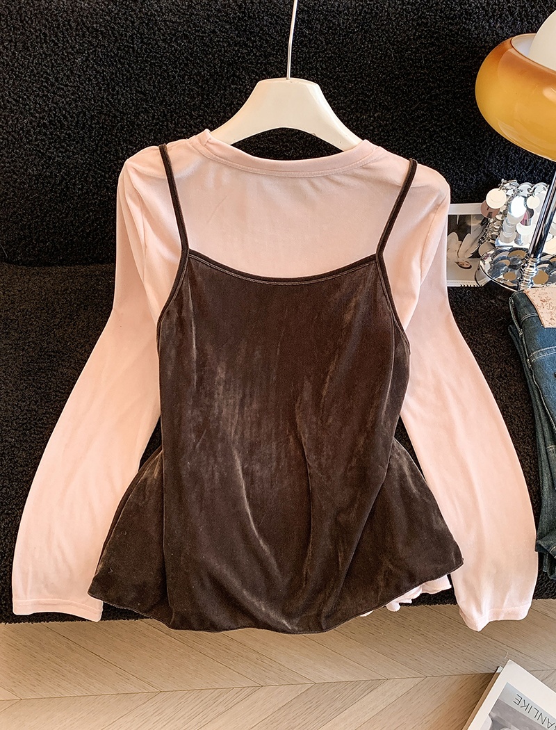 Sling velvet vest spring lace tops 2pcs set