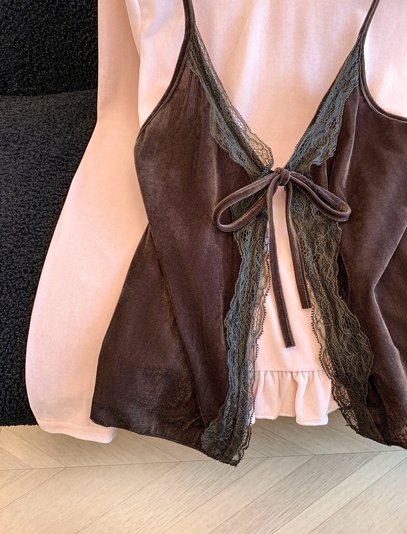 Sling velvet vest spring lace tops 2pcs set