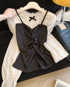 Pseudo-two knitted tops polka dot shirt for women